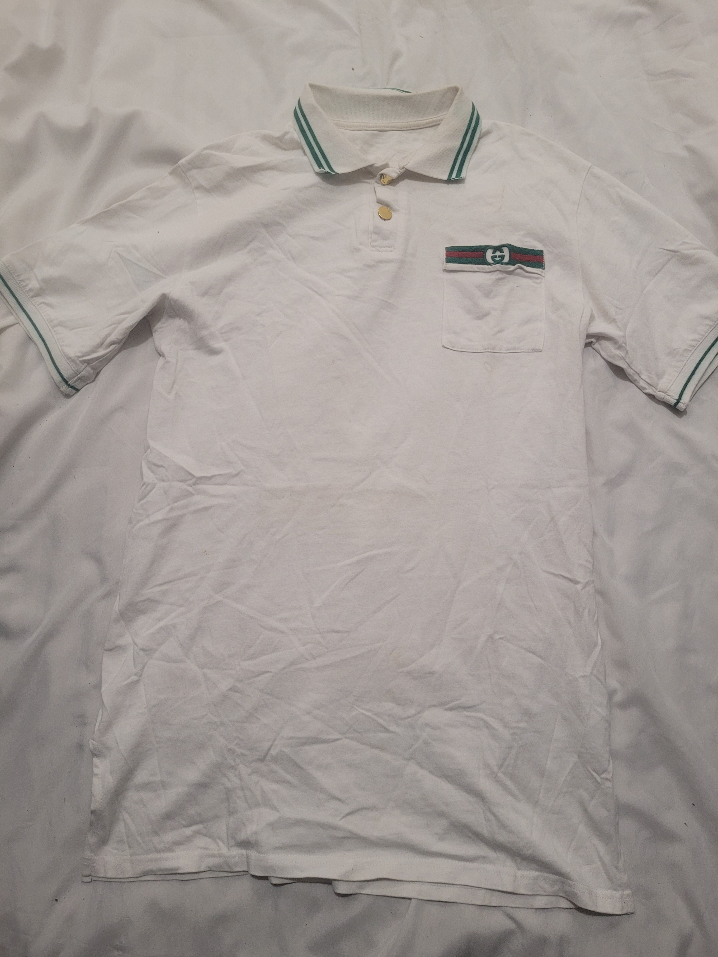 Gucci White Polo With Green Trim And Web Stripe